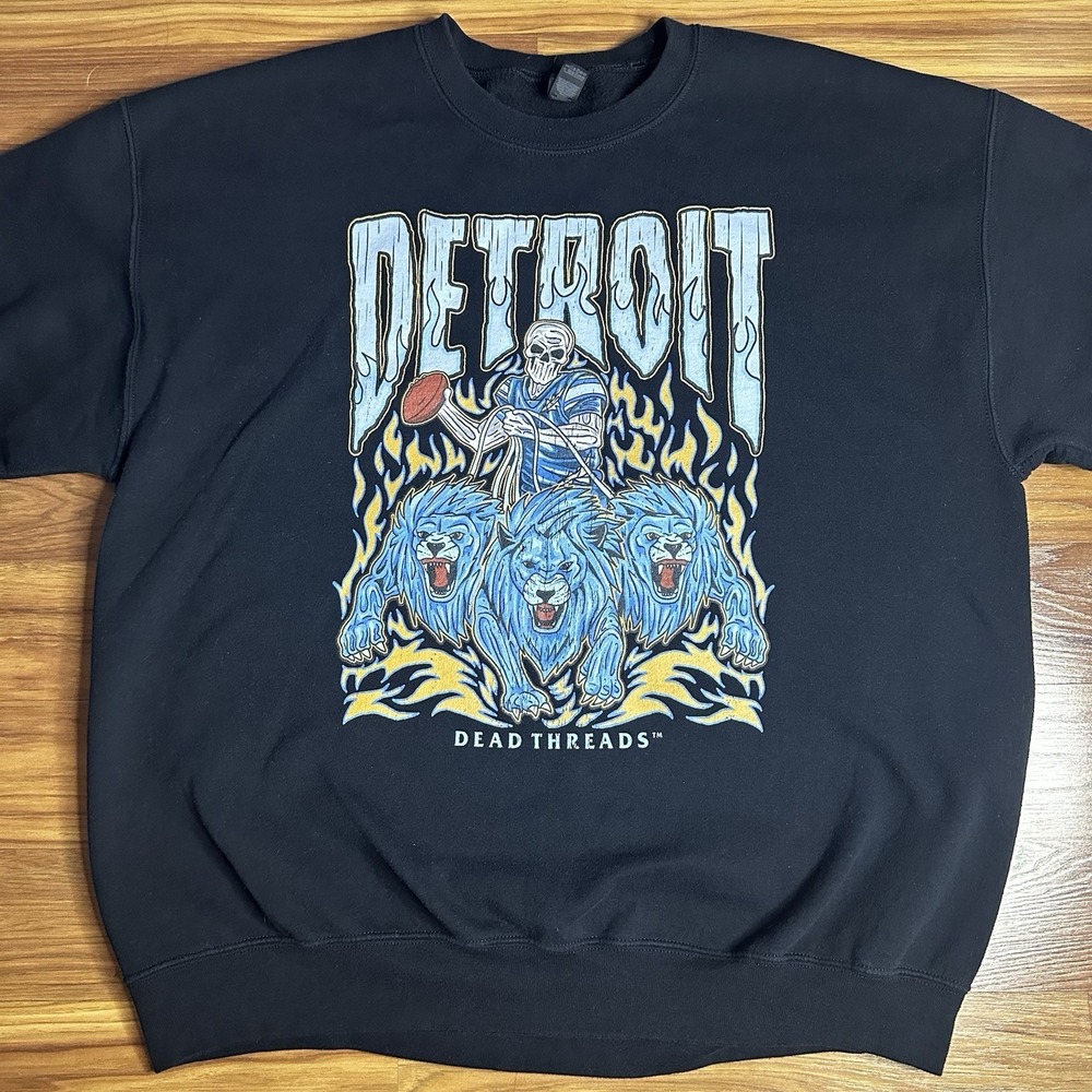 Detroit Dead Threads Sweatshirt Mens XL Black Lions Skull Flames Football Sana - Picture 2 of 6